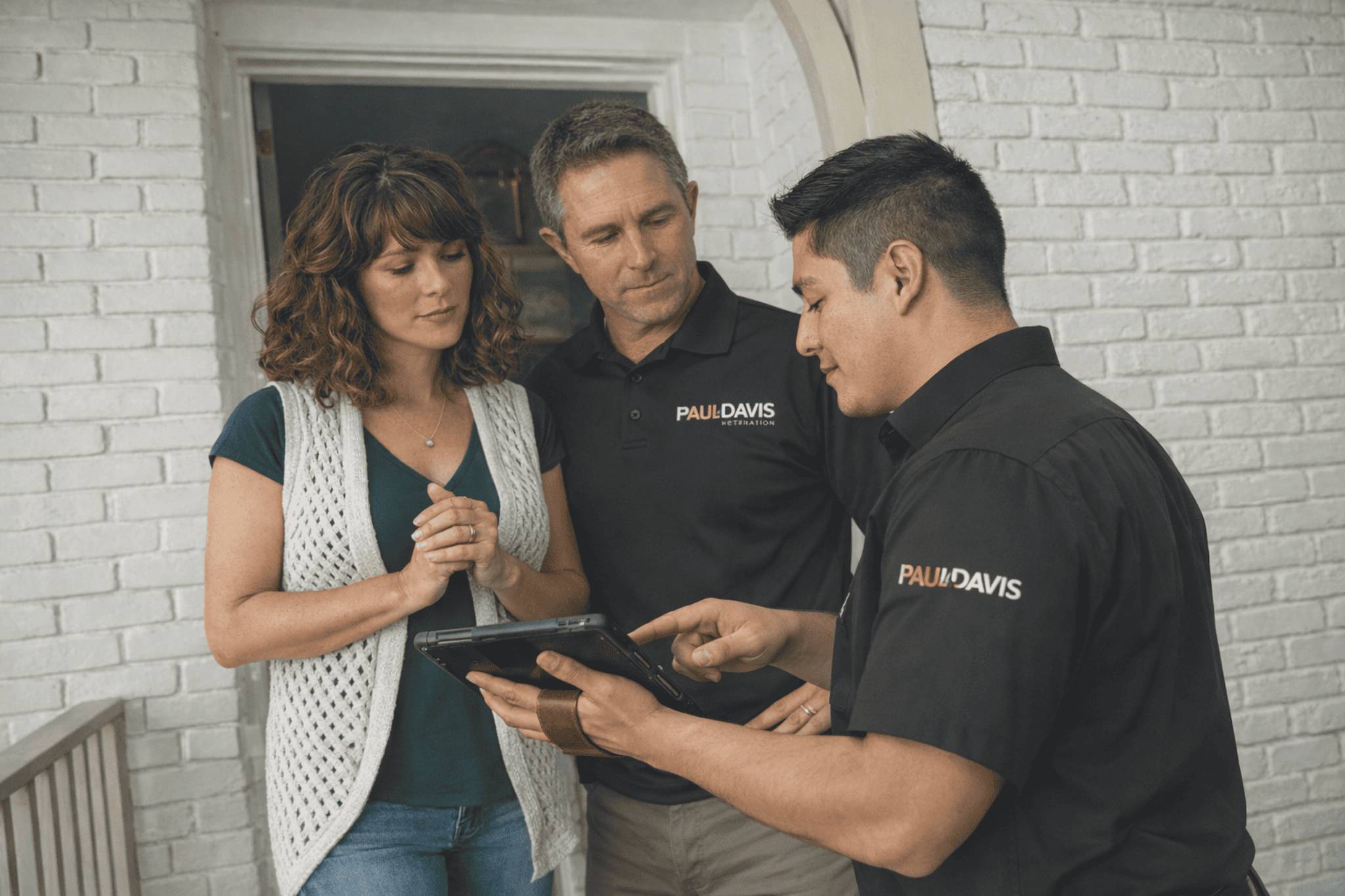 Two restoration professionals reviewing a tablet with a homeowner while discussing property damage assessment outside a house